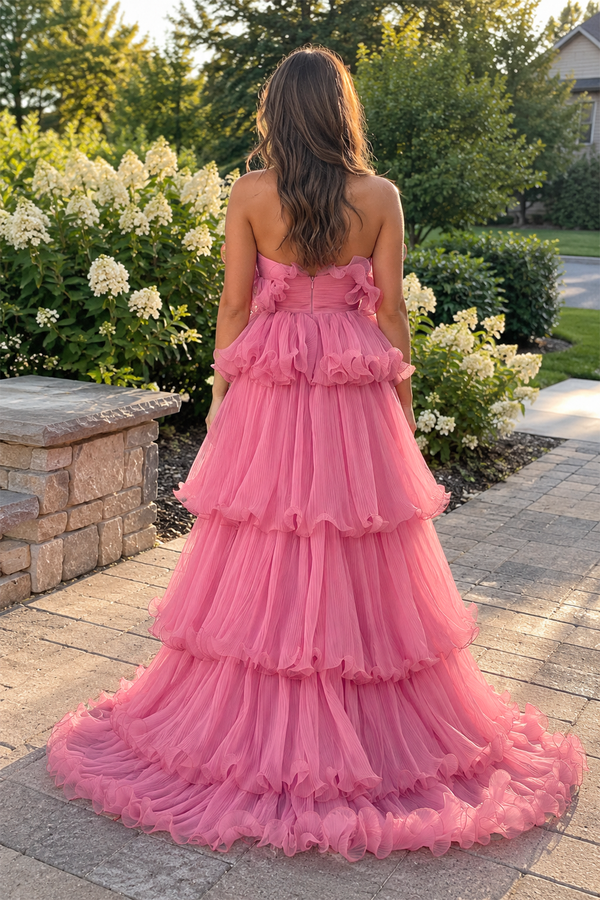 Dusty Pink Strapless A-Line Tiered Crinkled Tulle Prom Dress (2) | KISSPROM