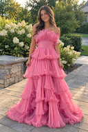 Dusty Pink Strapless A-Line Tiered Crinkled Tulle Prom Dress | KISSPROM
