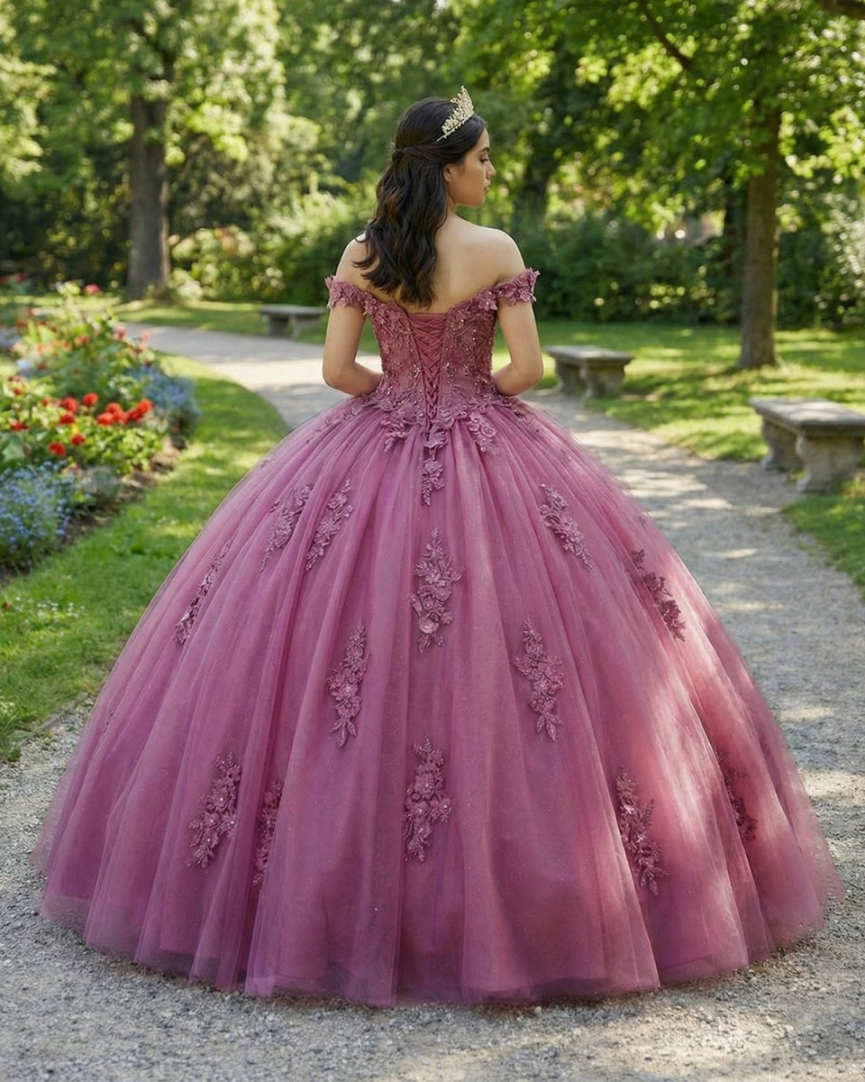Dusty Rose Off Shoulder Lace 3D Flower Applique Quinceanera Dress Dusty Rose Off Shoulder Lace 3D Flower Applique Quinceanera Dress