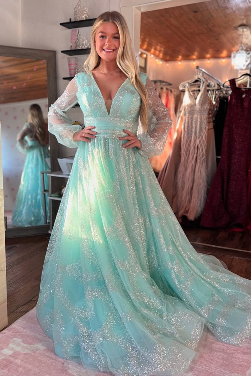 Sandy | Dusty Sage Plunging V Neck Illusion Sleeves Beaded Long Prom Dress - KissProm