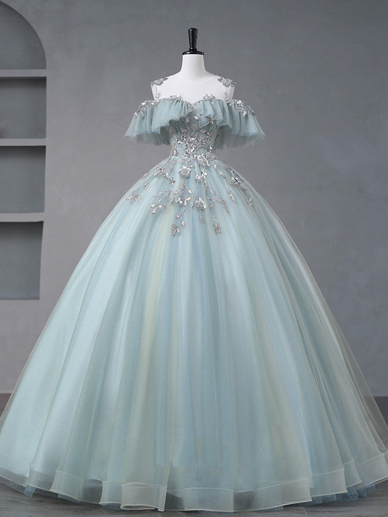 A-Line Blue Tulle sequin Lace Long Prom Dress, Blue Lace Sweet Dress