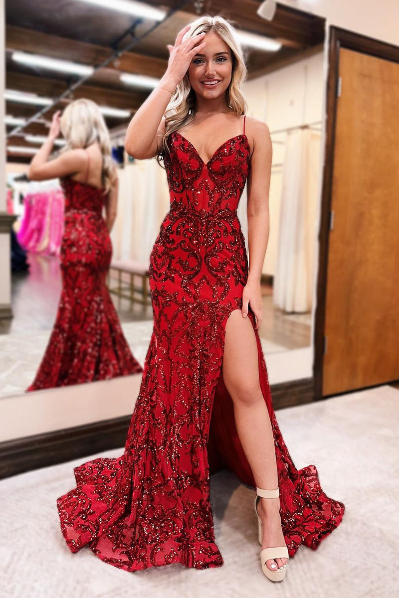 Red V Neck Sequins Lace Mermaid Prom Dresses with Slit