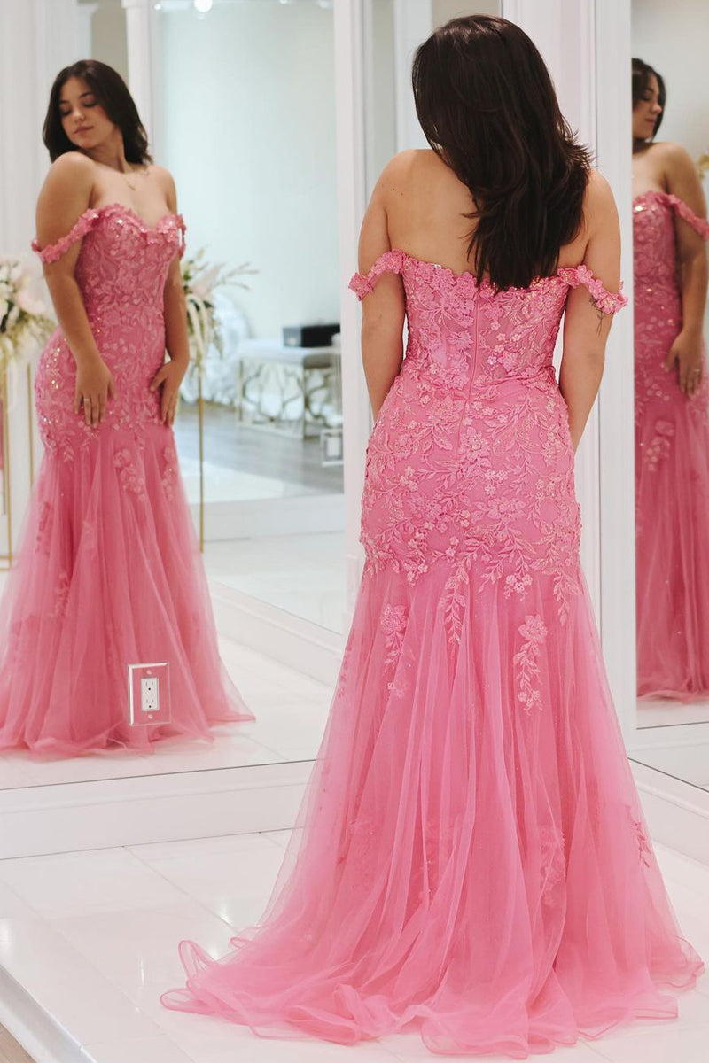 Suzanne | Pink Mermaid Off the Shoulder Tulle Long Prom Dress with Appliques