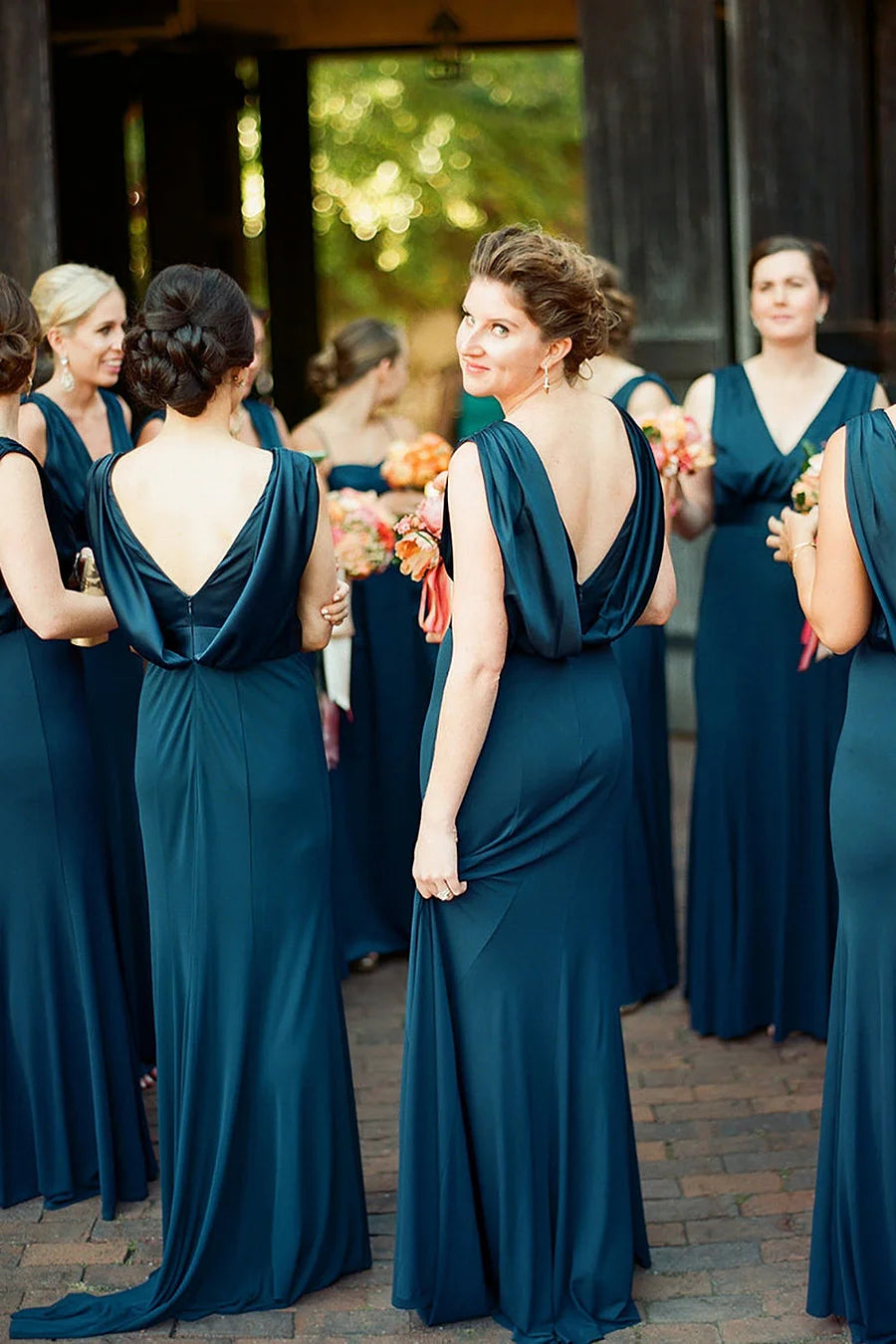 Peacock Blue Mermaid V - Neck Long Bridesmaid Dress - KissProm