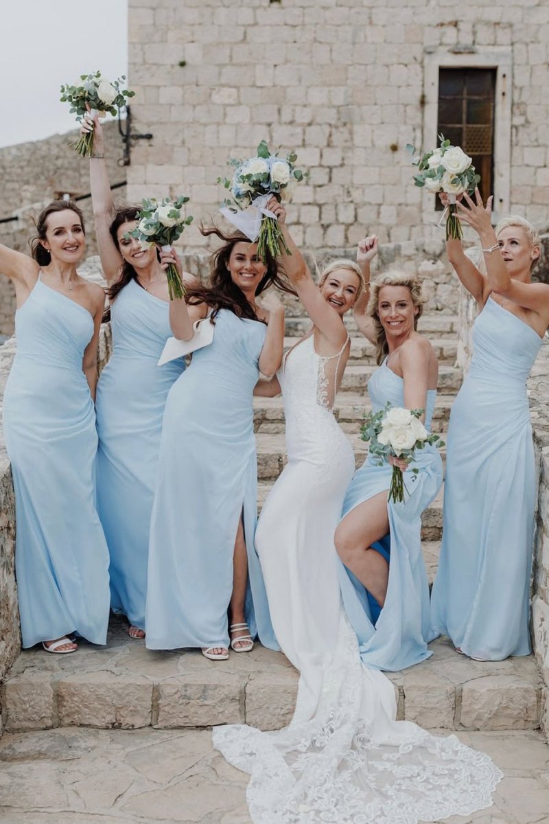 Sheath One Shoulder Light Blue Chiffon Slit Bridesmaid Dress - KissProm