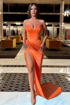 Eadlin | Orange  - Strapless Satin Beaded Long Prom Dress With Split - KissProm