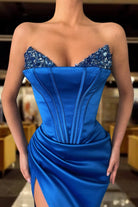 Eadlin | Royal Blue - Strapless Satin Beaded Long Prom Dress With Split - KissProm