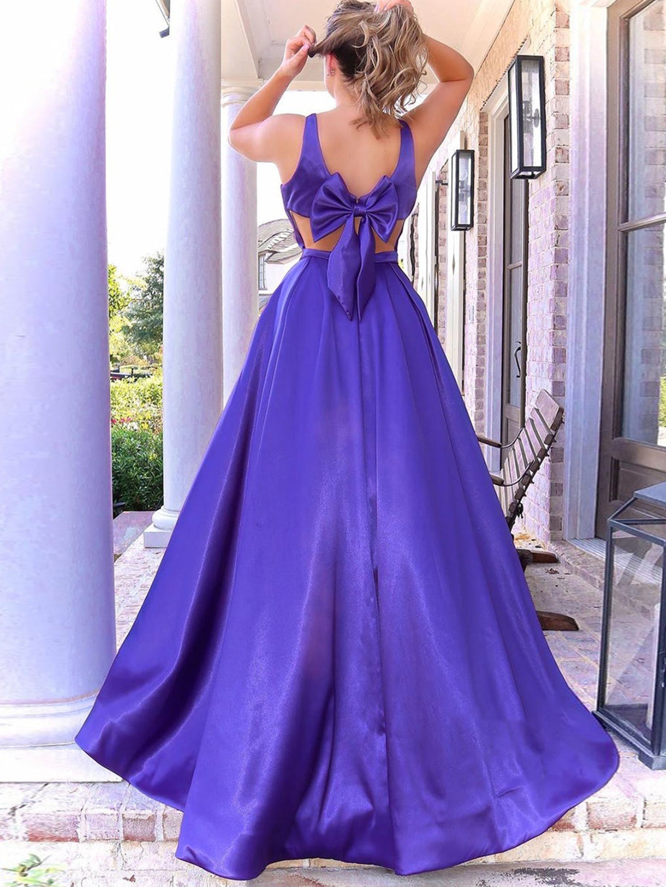 A Line V Neck Long Purple Prom Dress