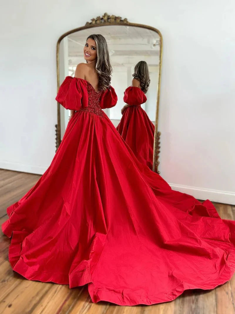 A-Line Off The Shoulder Taffeta Prom Dress With Short Puffy Sleeves, Red / 10 A-Line Off The Shoulder Taffeta Prom Dress With Short Puffy Sleeves, Red / 10