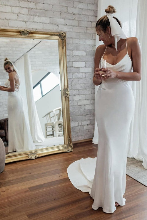 Diamond White Spaghetti Straps Mermaid Wedding Dress