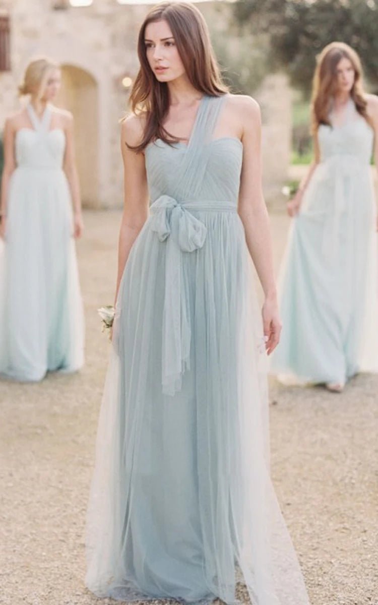One - Shoulder Long Bowed Tulle Bridesmaid Dress With Ruching - KissProm
