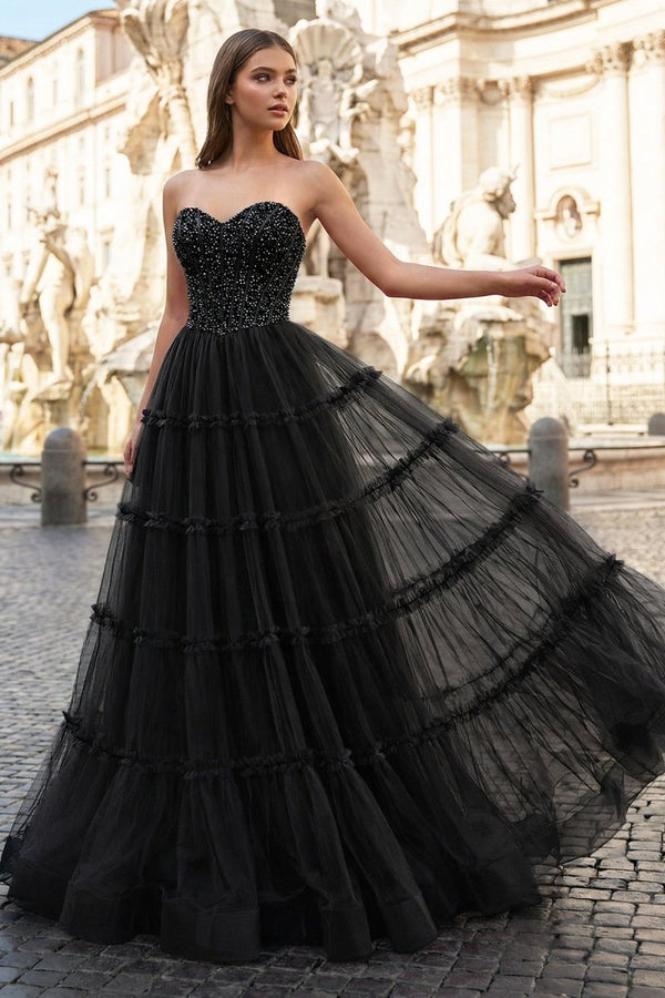 Sweetheart Fuchsia Beaded Ruffles Tulle Prom Dress - KissProm