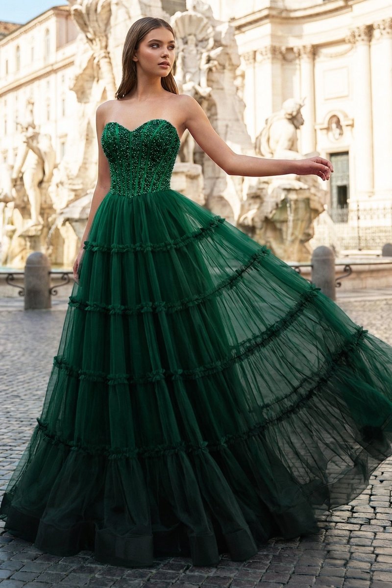 Sweetheart Fuchsia Beaded Ruffles Tulle Prom Dress