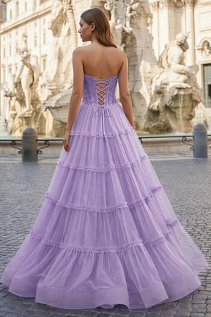 Sweetheart Fuchsia Beaded Ruffles Tulle Prom Dress - KissProm