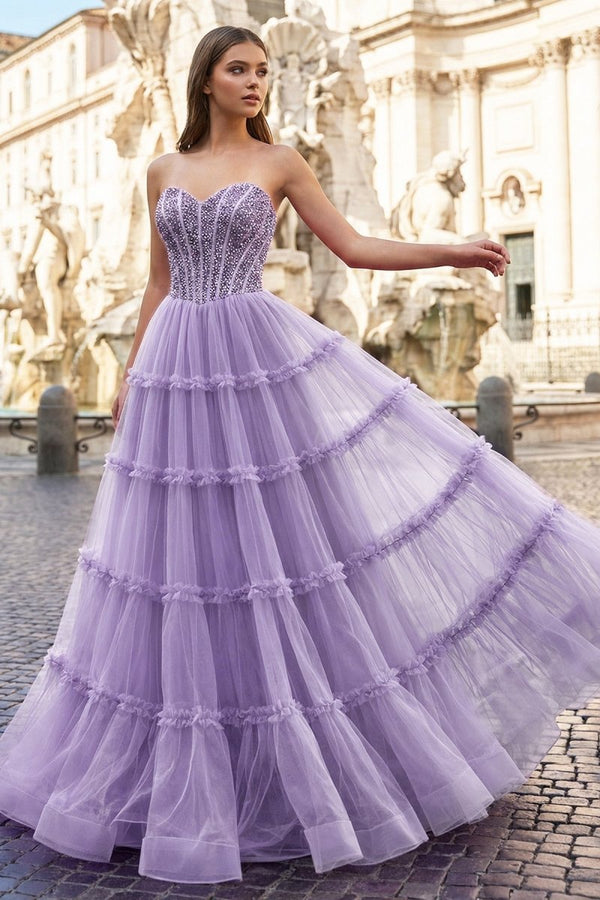 KissProm Sweetheart Fuchsia Beaded Ruffles Tulle Prom Dress, Lavender / 6