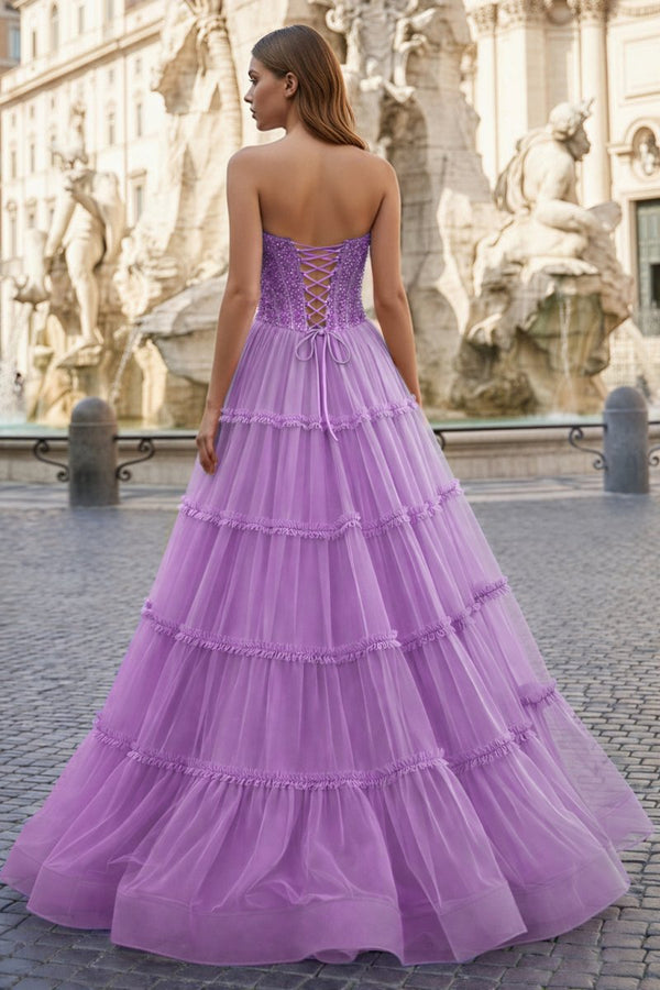 Sweetheart Fuchsia Beaded Ruffles Tulle Prom Dress - KissProm