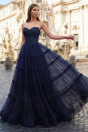 Sweetheart Fuchsia Beaded Ruffles Tulle Prom Dress - KissProm