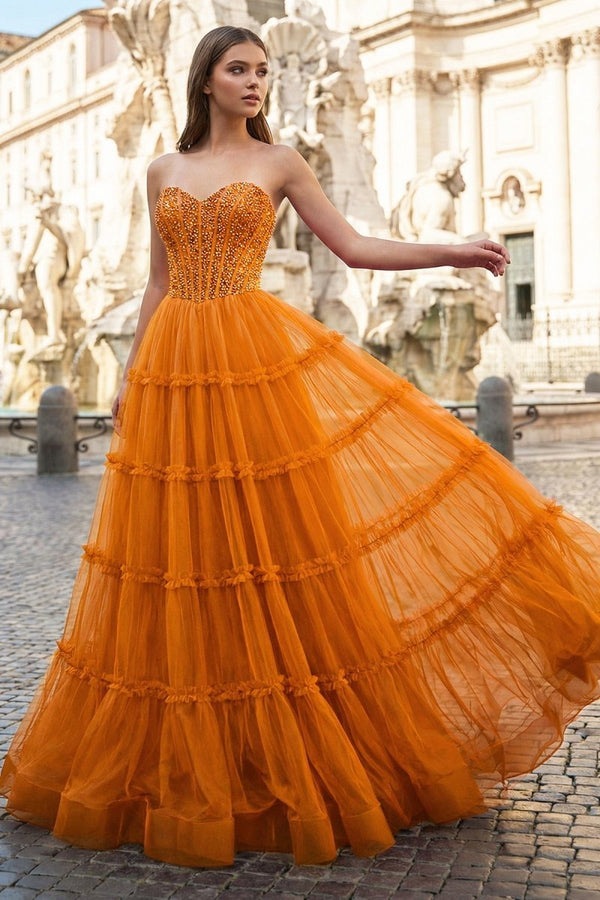 KissProm Sweetheart Fuchsia Beaded Ruffles Tulle Prom Dress, Orange / 12