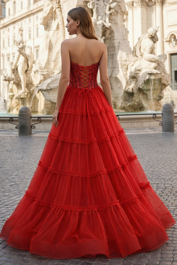 red tulle prom dress Beaded-Bodice Long A-Line line Style Fabric Radiant Red Sparkly Tulle Prom