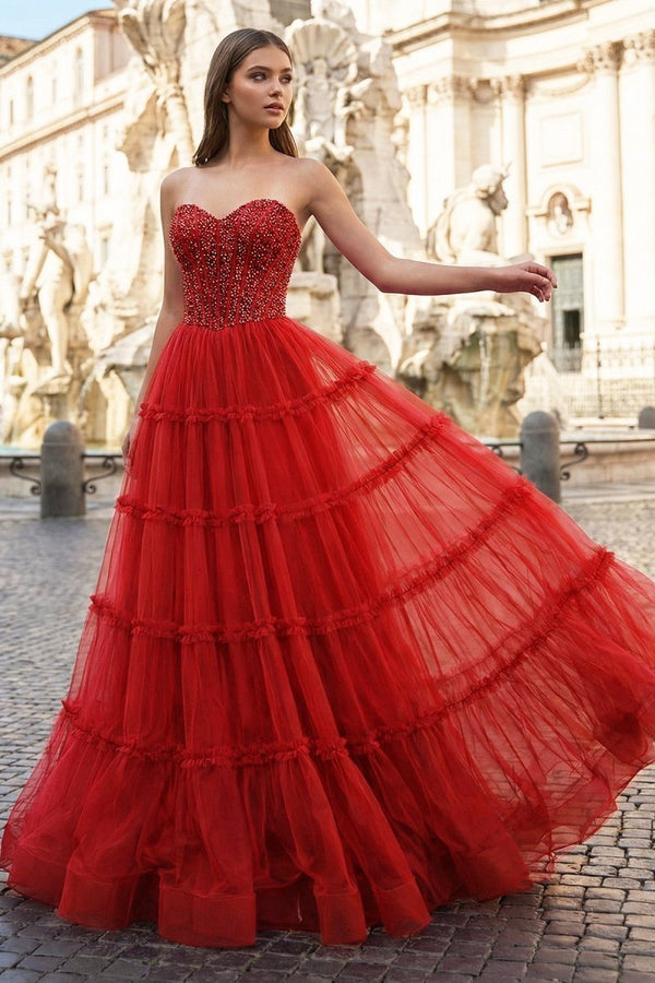 Sweetheart Fuchsia Beaded Ruffles Tulle Prom Dress