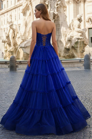 Sweetheart Fuchsia Beaded Ruffles Tulle Prom Dress - KissProm