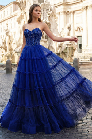 Sweetheart Fuchsia Beaded Ruffles Tulle Prom Dress - KissProm