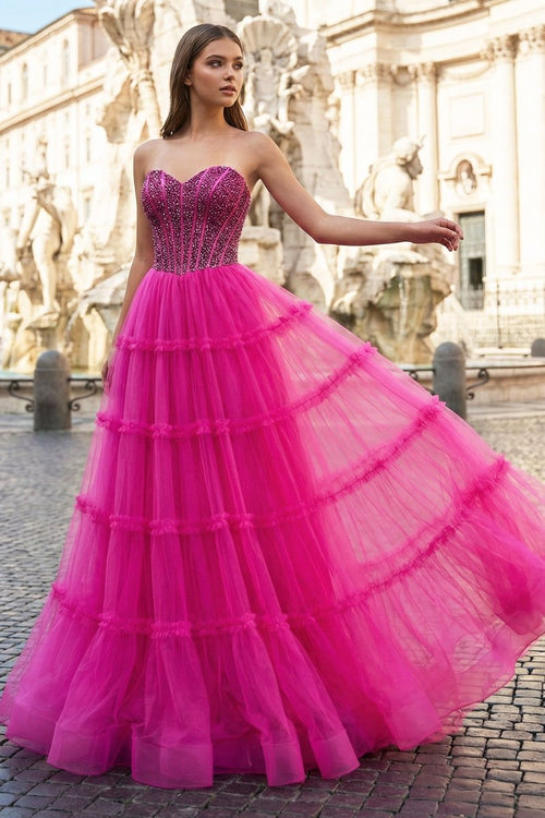 Sweetheart Fuchsia Beaded Ruffles Tulle Prom Dress - KissProm