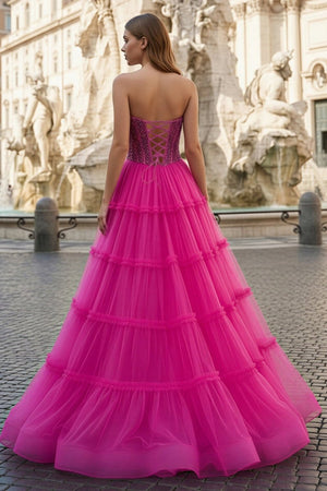 Sweetheart Fuchsia Beaded Ruffles Tulle Prom Dress - KissProm