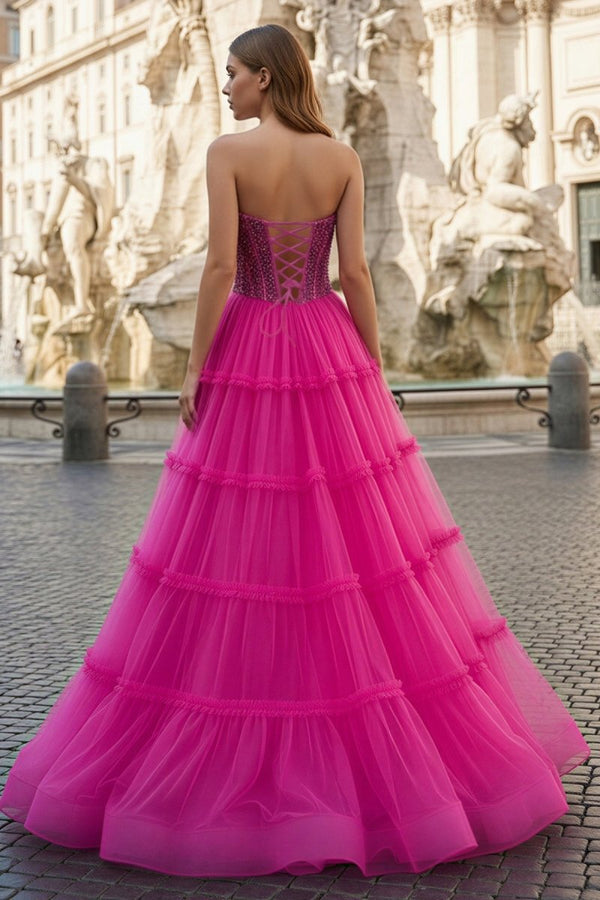 Sweetheart Fuchsia Beaded Ruffles Tulle Prom Dress - KissProm