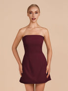 Edna | Burgundy - A - Line Strapless Ruffles Short Homecoming Dresses - KissProm