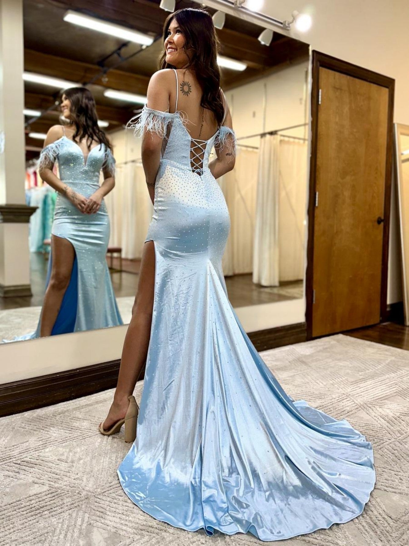Blue Glitter Feather V Neck Long Prom Dress with Slit