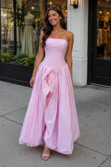 Pink Strapless A Line Satin Pleated Prom Dresses With Slit