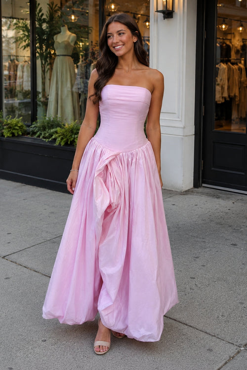 Pink Strapless A Line Satin Pleated Prom Dresses With Slit