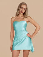 Eila | Aqua - Strapless Sheath Irregular Hem Satin Short Homecoming Dress