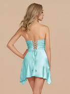 Eila | Aqua - Strapless Sheath Irregular Hem Satin Short Homecoming Dress