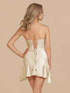 Eila | Champagne - Strapless Sheath Irregular Hem Satin Short Homecoming Dress