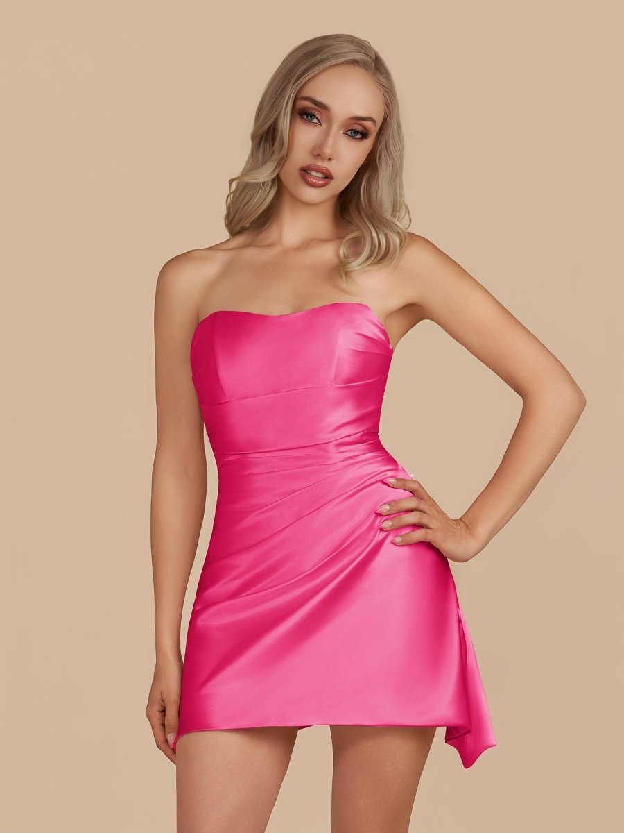 Eila | Fuchsia - Strapless Sheath Irregular Hem Satin Short Homecoming Dress