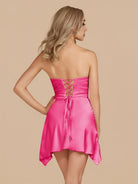 Eila | Fuchsia - Strapless Sheath Irregular Hem Satin Short Homecoming Dress