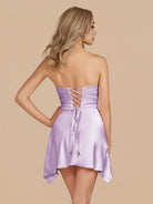 Eila | Lilac - Strapless Sheath Irregular Hem Satin Short Homecoming Dress - KissProm