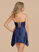 Eila | Navy Blue - Strapless Sheath Irregular Hem Satin Short Homecoming Dress - KissProm