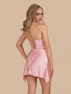 Eila | Pink - Strapless Sheath Irregular Hem Satin Short Homecoming Dress