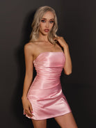 Eila | Pink - Strapless Sheath Irregular Hem Satin Short Homecoming Dress