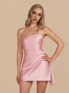 Eila | Pink - Strapless Sheath Irregular Hem Satin Short Homecoming Dress