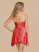 Eila | Red - Strapless Sheath Irregular Hem Satin Short Homecoming Dress - KissProm