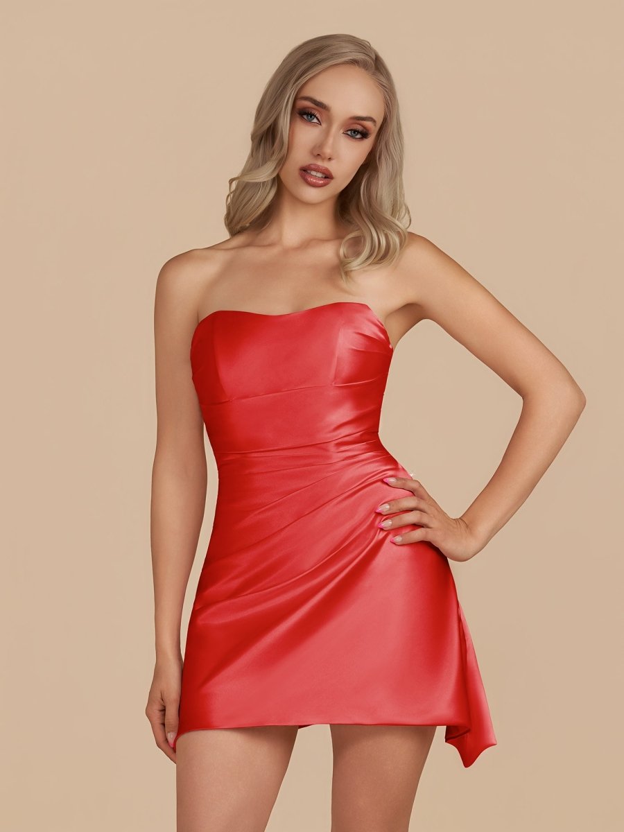 Eila | Red - Strapless Sheath Irregular Hem Satin Short Homecoming Dress - KissProm