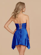 Eila | Royal Blue - Strapless Sheath Irregular Hem Satin Short Homecoming Dress - KissProm