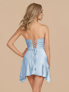 Eila | Sky Blue - Strapless Sheath Irregular Hem Satin Short Homecoming Dress