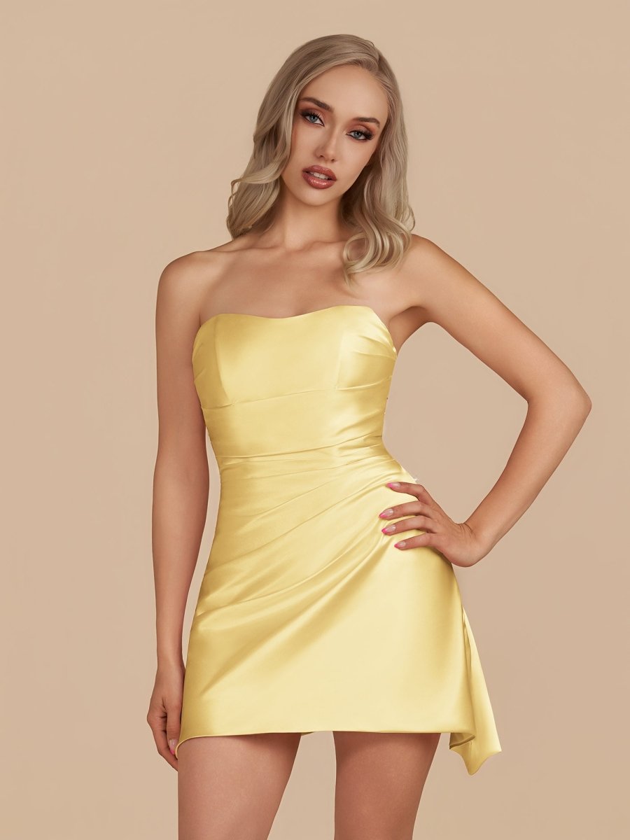 Eila | Yellow - Strapless Sheath Irregular Hem Satin Short Homecoming Dress