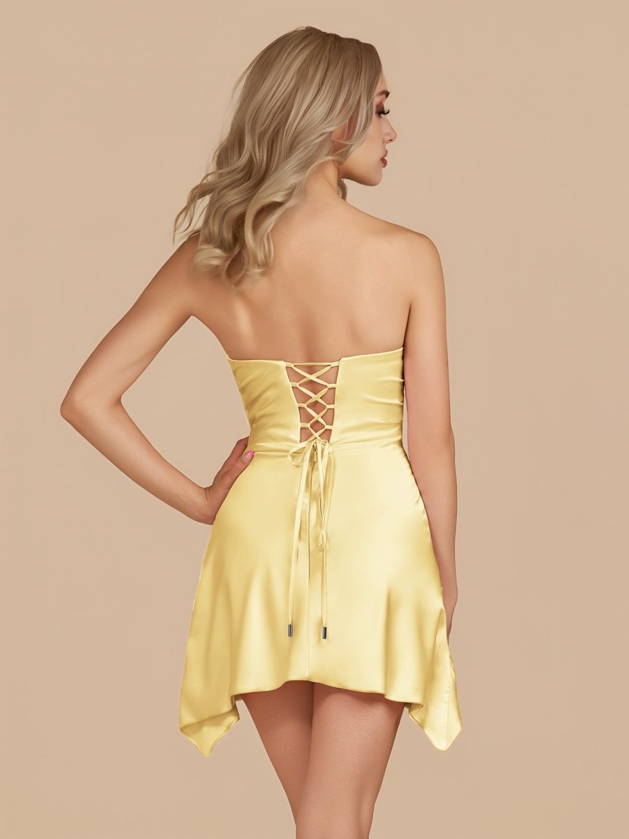 Eila | Yellow - Strapless Sheath Irregular Hem Satin Short Homecoming Dress
