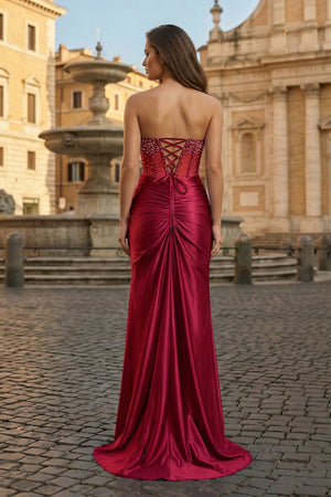 Purple Sweetheart Mermaid Satin Long Prom Dress with Beading